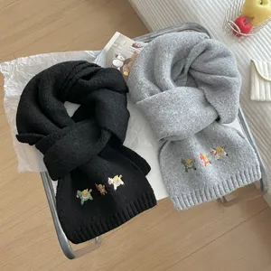 Autumn winter warm knitted scarf with cute pony embroidery, soft solid color design.