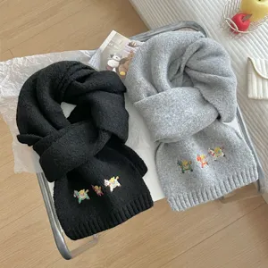 Cozy winter knit scarf with cute embroidered horse design, soft solid color warm neck wrap.
