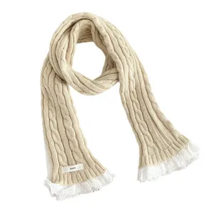 Winter cozy cable knit scarf with white lace ruffle fringe, warm Korean style student neck warmer.