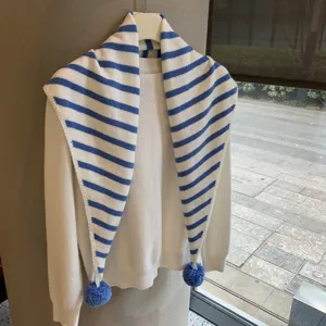 Japanese style striped knit scarf with pom-pom warm winter shawl detail design fashion accessory