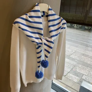 Japanese style striped knitted scarf with pom poms and white sweater set, warm shawl for women.