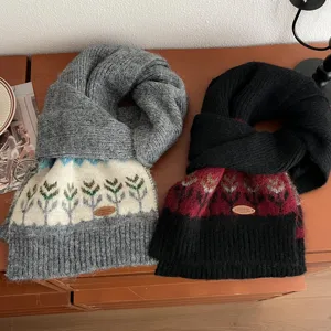 Fair Isle knitted winter scarf for women, thick warm retro patterned wool muffler.