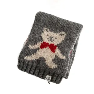 Grey knit scarf with cute bear pattern, cozy winter neck warmer for women, soft wool material.