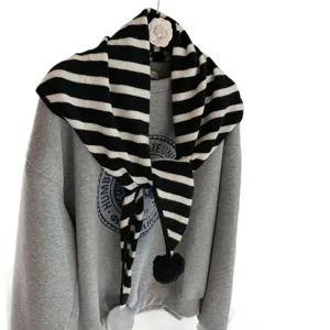 Black and white striped knit scarf for women, cozy winter tassel winter warm triangular shawl.