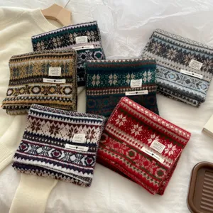 Winter thick warm Fair Isle vintage jacquard knit scarf detail, cozy wool blend texture close