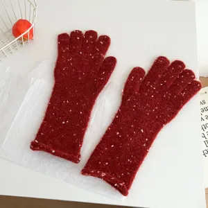 Red knit gloves with white speckles winter warm five-finger gloves cozy daily wear knitwear