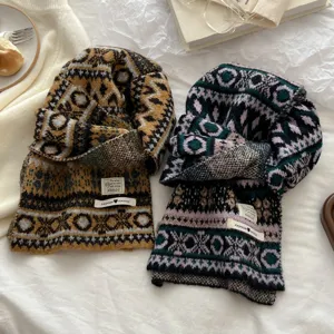 Winter warm Fair Isle jacquard knitted scarf for women, thick cozy retro neck warmer.