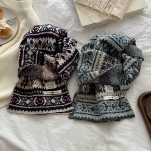 Cozy thick Fair Isle knit scarf winter warm vintage patterned neck warmer fashion set for women