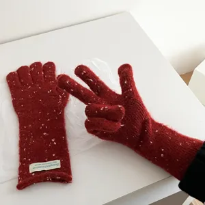 Red speckled knit gloves for women winter warm five finger long knitted gloves soft cozy