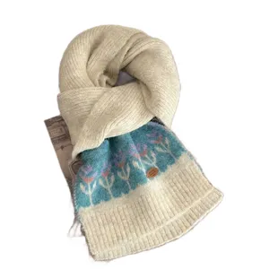 Winter thick knitted woolen scarf with floral pattern and vintage design for women warm wear.