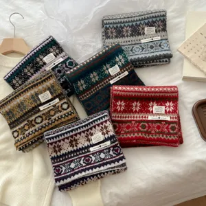Cozy winter thick warm retro Fair Isle jacquard knit scarf, classic patterned neck warmer for women.