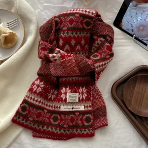 Winter retro Fair Isle jacquard knitted scarf, thick warm red neck scarf for women detail.