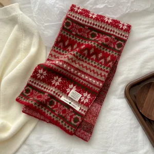 Winter thick knitted scarf with classic Nordic Fair Isle pattern, cozy and warm for women.