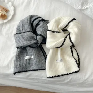 Japanese style minimalist soft solid color knitted scarf with black trim warm winter accessory