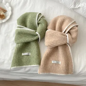 Cozy solid color knit scarf with contrast edge, soft winter warm neck wrap for women.