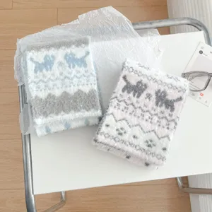 Fair Isle knit scarf for women, cozy winter warm fuzzy neck wrap, stylish cold-weather accessory.