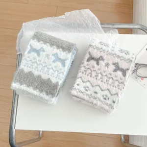 Cozy winter fuzzy knitted scarf with classic Fair Isle pattern warm soft autumn accessory