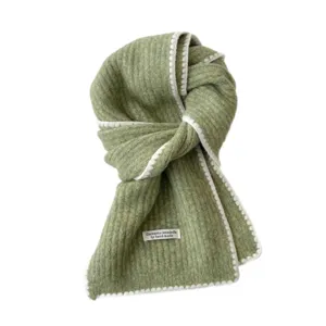 Cozy green knitted winter scarf with white trim soft warm neckerchief for women and men