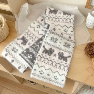 Cozy winter knit scarf with Nordic fair isle pattern fluffy fuzzy warm winter neck wrap