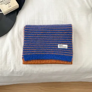 Blue and brown striped knitted scarf for women, winter warm thick woolen neck wrap.