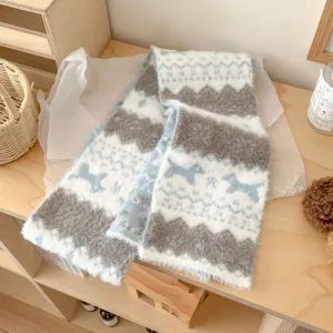 Cozy Fair Isle knit scarf for women, warm winter neck wrap with soft fuzzy texture and classic Nordic.