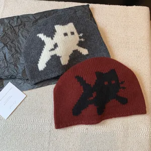 Women's winter wool knit beanie hat, cozy warm cute cat pattern knitted cap for cold weather