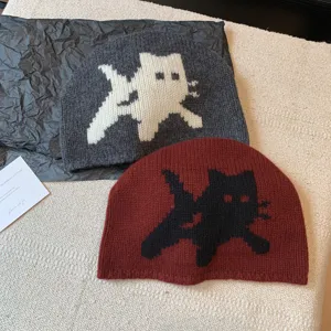 Women winter warm knit beanie hat, 100% wool thick plush slouchy skull cap with cute cat pattern.