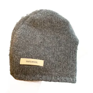 Grey 100% wool knit beanie hat winter warm soft solid color casual cap for women daily winter wear