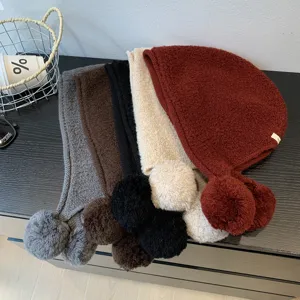 Women Winter Warm Knitted Wool Balaclava Hat Windproof Hooded Scarf With Double Pom Poms Casual Beanie Hat