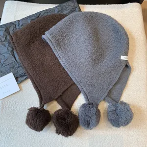 Cozy wool knit balaclava hat with cute pom pom warm winter stylish beanie for women