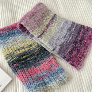 Detailed closeup of retro oil painting gradient color knitted scarf, soft wool winter texture.
