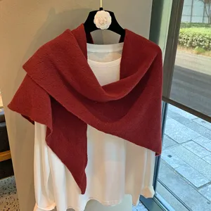 Red knit triangular scarf shawl versatile outer wear hollow knit women winter accessory