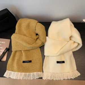 Unisex Winter Warm Knitted Scarf Polyester Sweet Princess Style Lace Trim Long Neckerchief Fashion Accessories For Women Men
