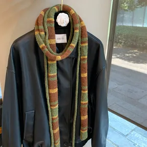 Wool narrow long stripe scarf women knit scarf retro green brown stylish winter warm accessory