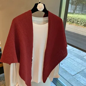 Red knitted triangular scarf shawl hollow design stylish women winter warm wrap cape