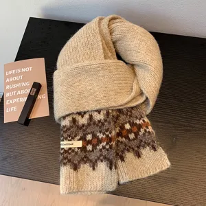 Cozy Fair Isle knit scarf detail, thick warm winter neck wrap with retro pattern, soft.