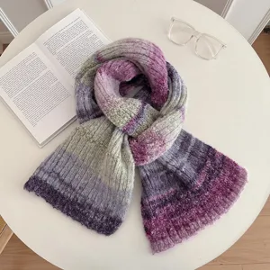 Retro gradient knitted scarf for women, thick warm winter wool neckerchief with oil painting style.