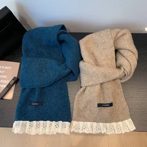 Sweet knitted winter scarf with delicate lace trim, warm and cozy winter neck wrap accessory.