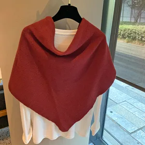 Red knitted triangle scarf shawl hollow design stylish winter neck warmer solid color apparel detail