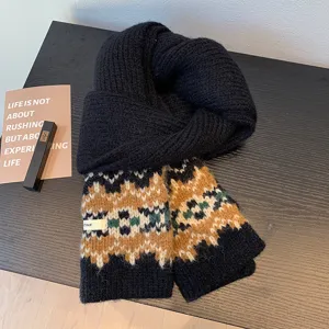 Korean style winter warm knitted scarf with classic Fair Isle pattern thick cozy shawl for women
