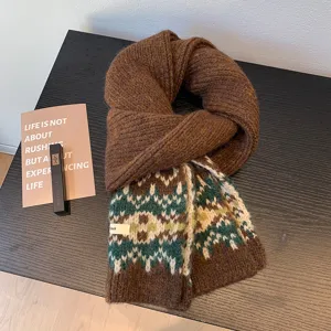 Cozy Fair Isle knitted scarf detail shot, warm thick winter shawl neck warmer for women.