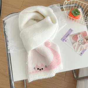 Sciarpa invernale in maglia accogliente da donna, dolce design di gatto rosa e bianco, scaldacollo morbido.
