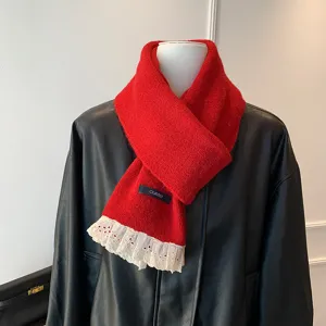 Cozy red knit winter scarf with sweet white lace trim, stylish warm unisex neck warmer.