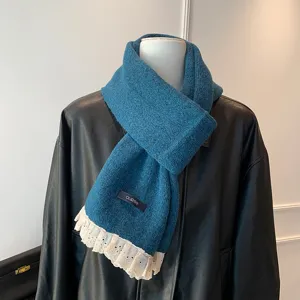 Sweet lace knit scarf for women, warm winter blue neck warmer with delicate white lace trim details.