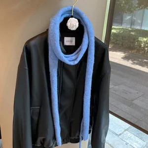 Solid color narrow wool knitted scarf winter fashion elegant blue neck warmer accessory