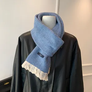 Sweet princess style blue knitted scarf with white lace trim, warm winter accessory.