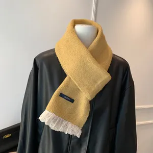 Yellow knitted scarf with white lace trim, sweet style autumn winter warm neck wrap.
