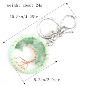 Handmade green crystal stone tree of life keychain with soft leather cord and metal ring.