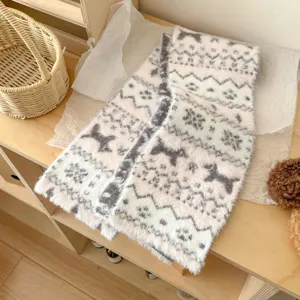 Knit scarf detail showing soft fluffy texture and retro Nordic pattern for winter daily wear.