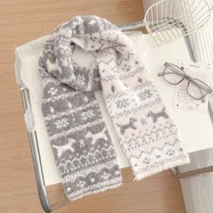 Fair Isle knitted scarf for women, cozy winter warm fuzzy scarf with Nordic pattern.